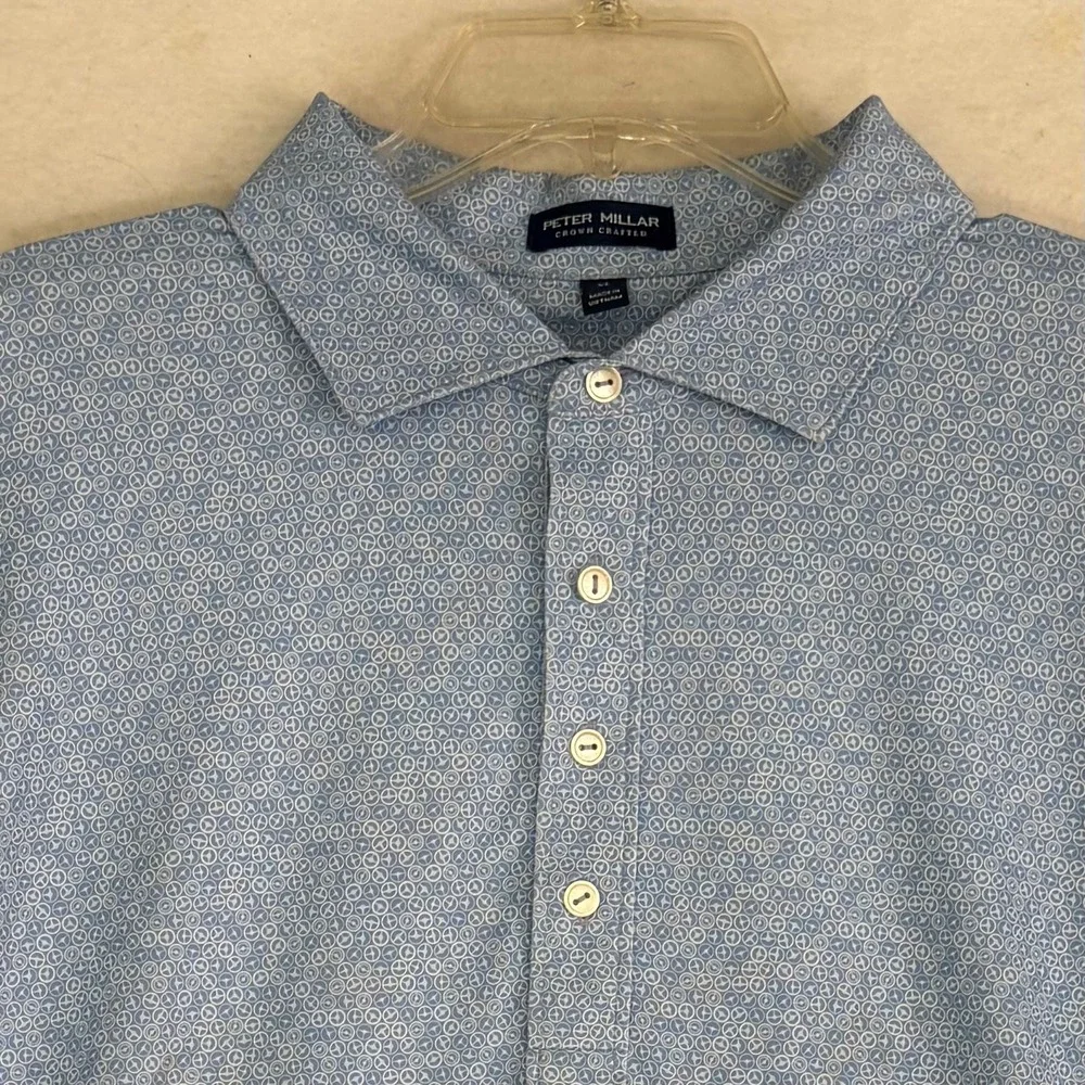 Peter Millar Avenue Performance Jersey Polo Shirt Mens XL Blue Wheel Print Golf